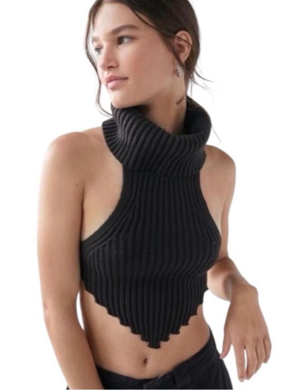 Urban Outfitters Black Ribbed Knit Cropped Halter Top Size M NEW With Tags